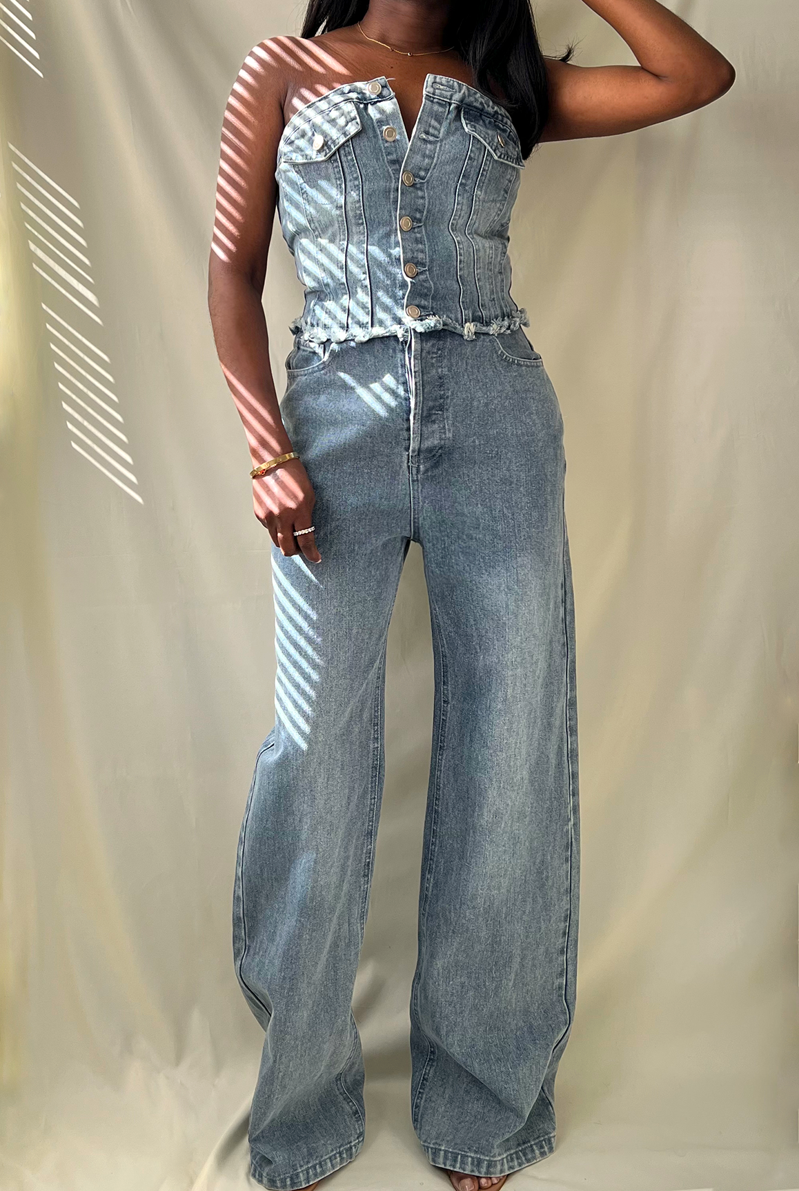 blue denim strapless button up wide leg jumpsuit