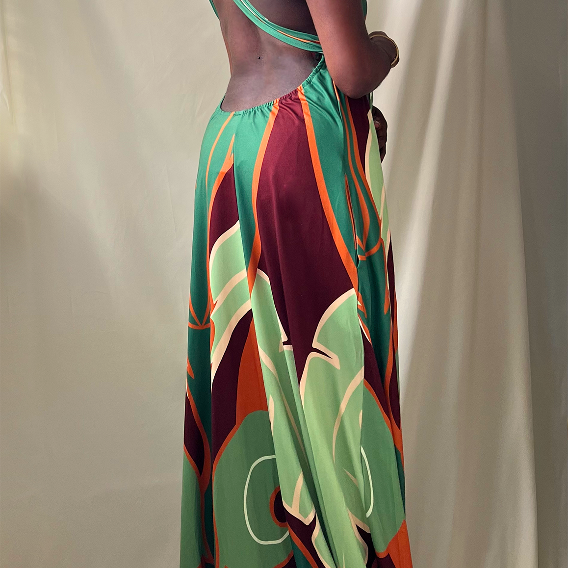 sage green printed open back halter maxi dress