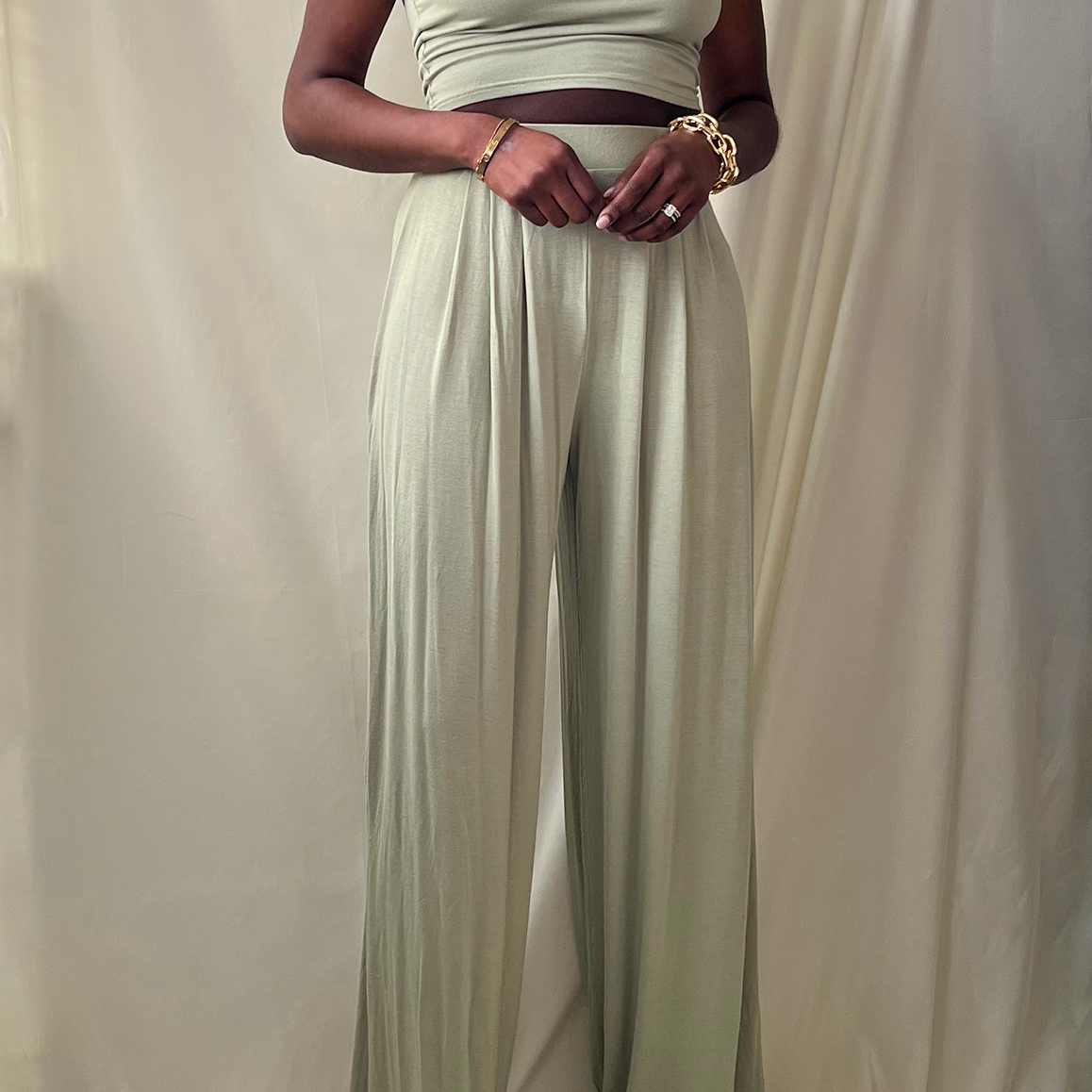 sage green one shoulder crop top wide leg pant set