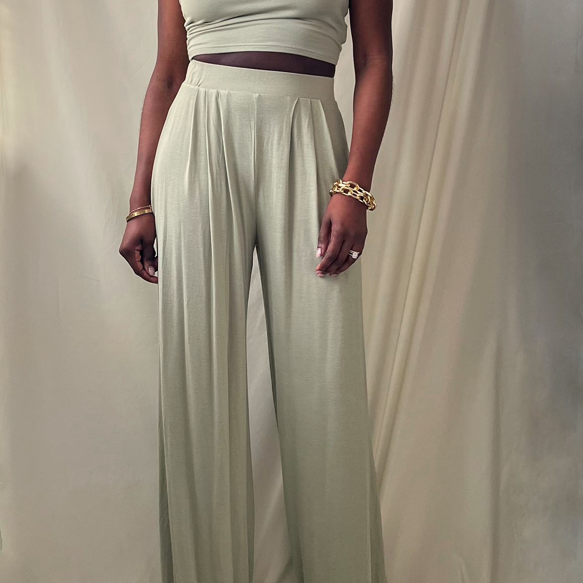 sage green one shoulder crop top wide leg pant set