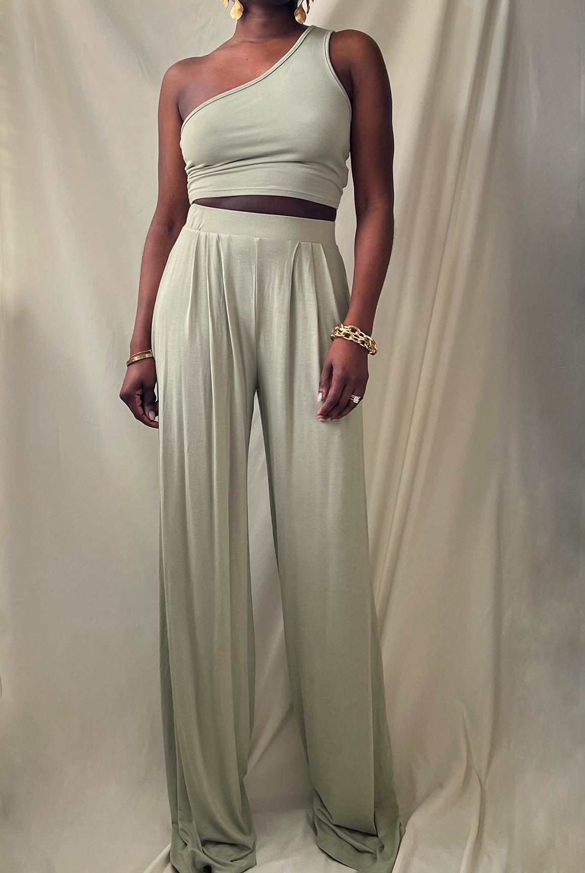 sage green one shoulder crop top wide leg pant set