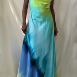 blue multi tie dye v-neck criss cross open back maxi dress