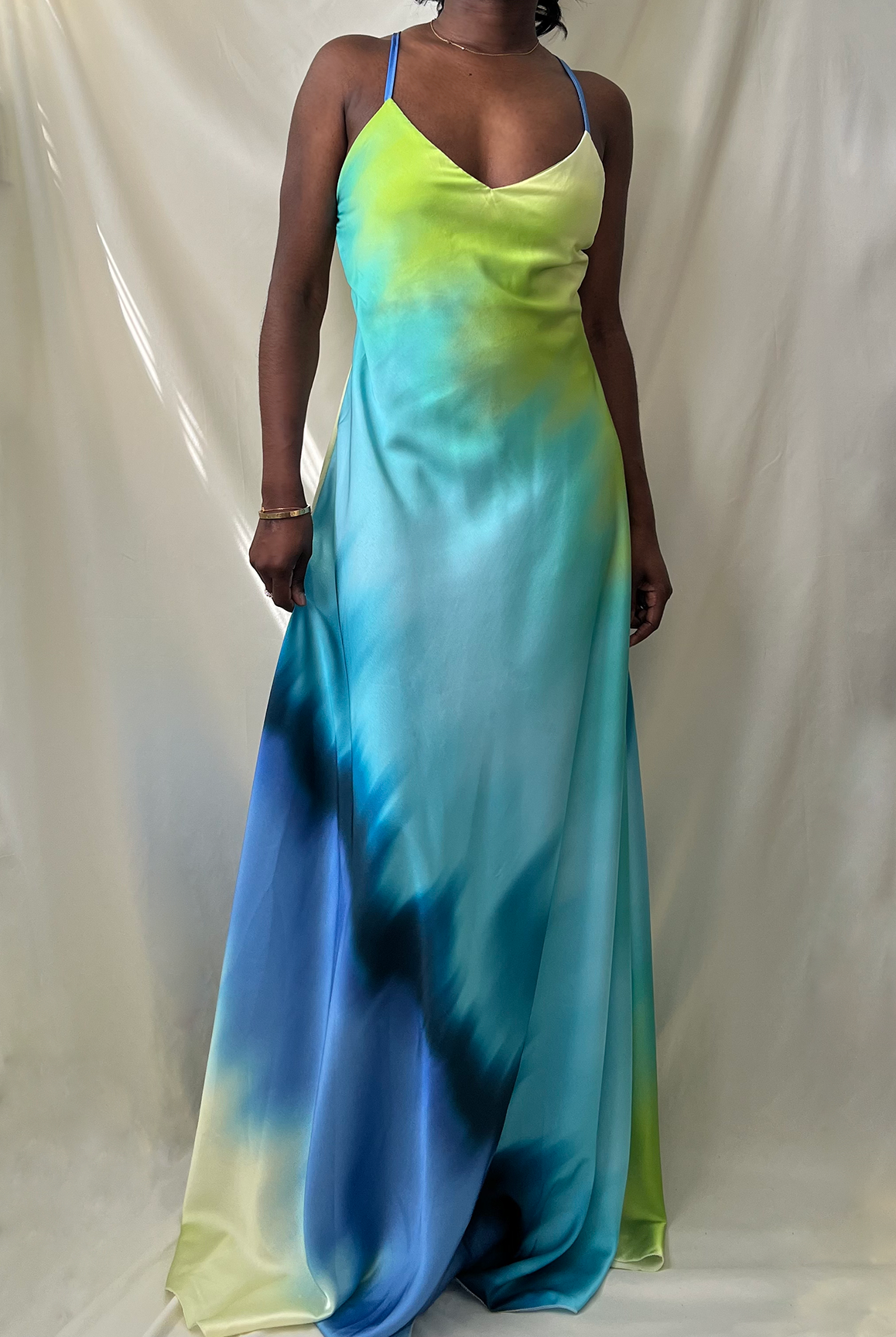 blue multi tie dye v-neck criss cross open back maxi dress